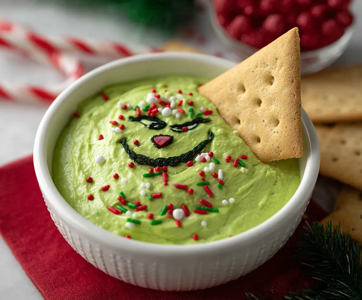Festive Grinch Dip served in a clear bowl with holiday decorations around