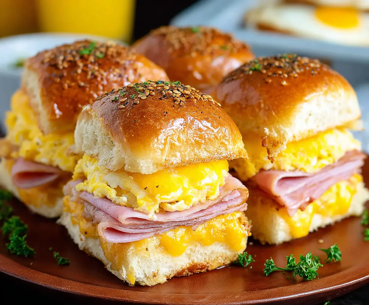 Delicious ham and cheese breakfast sliders on a plate, perfect for morning brunch