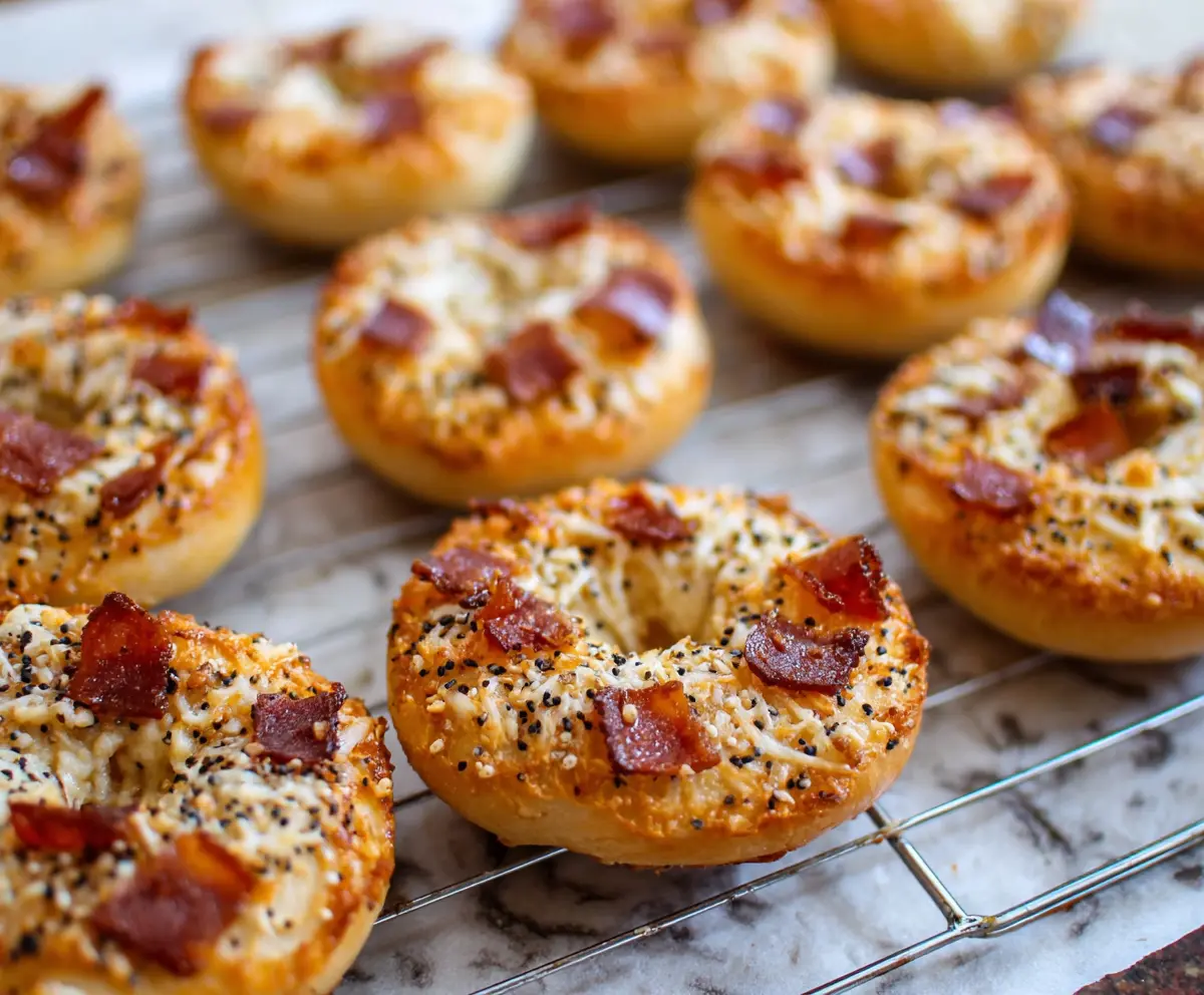 Delicious homemade Bagel Bites with melted cheese and toppings on a baking sheet.