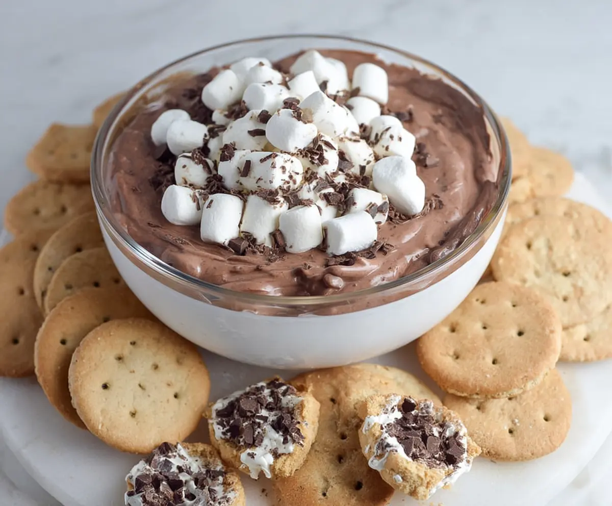 Creamy Hot Cocoa Cheesecake Dip served with chocolate cookies and marshmallows for dessert.