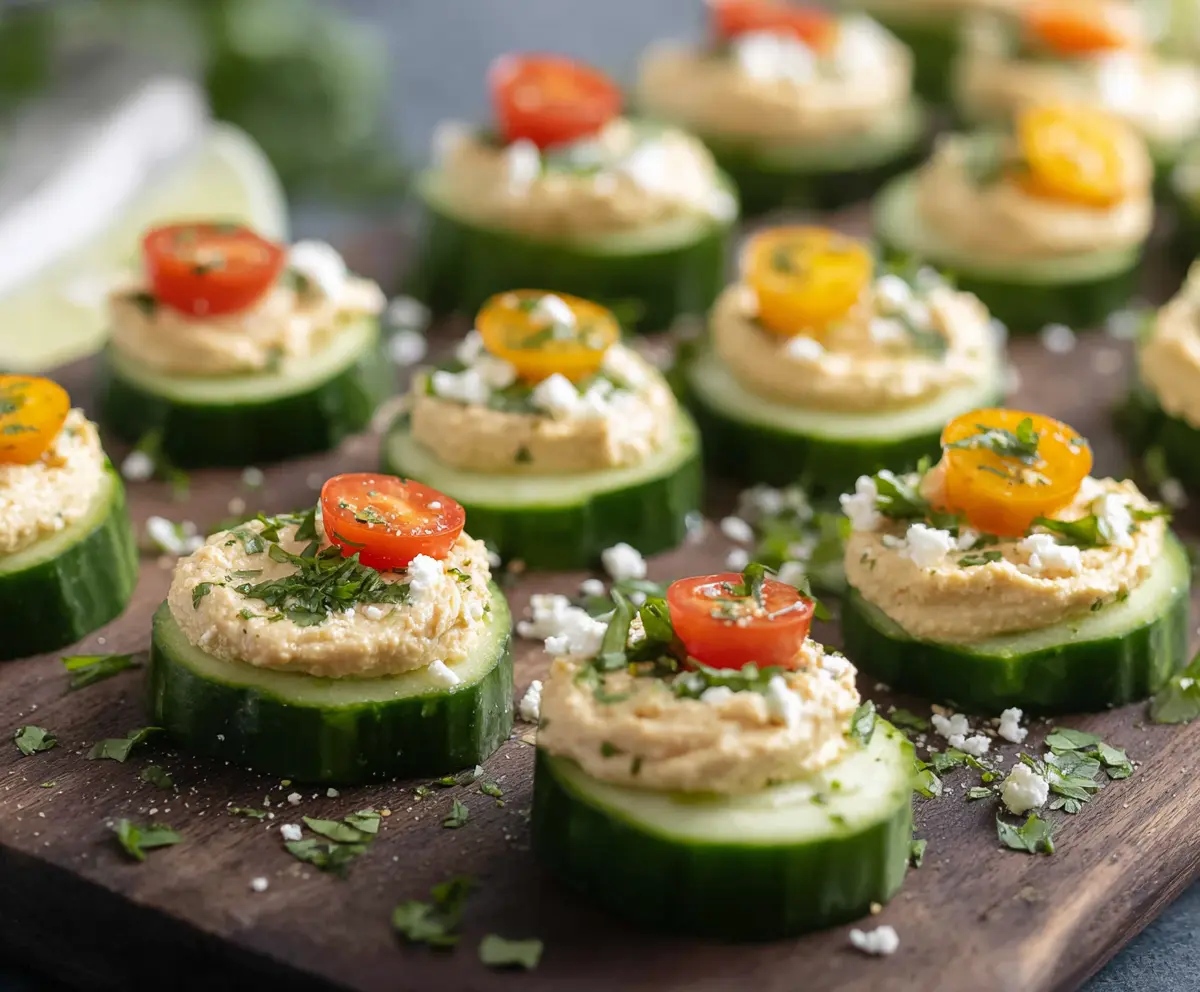 Delicious hummus cucumber bites on a platter, perfect for healthy snacks and party appetizers.