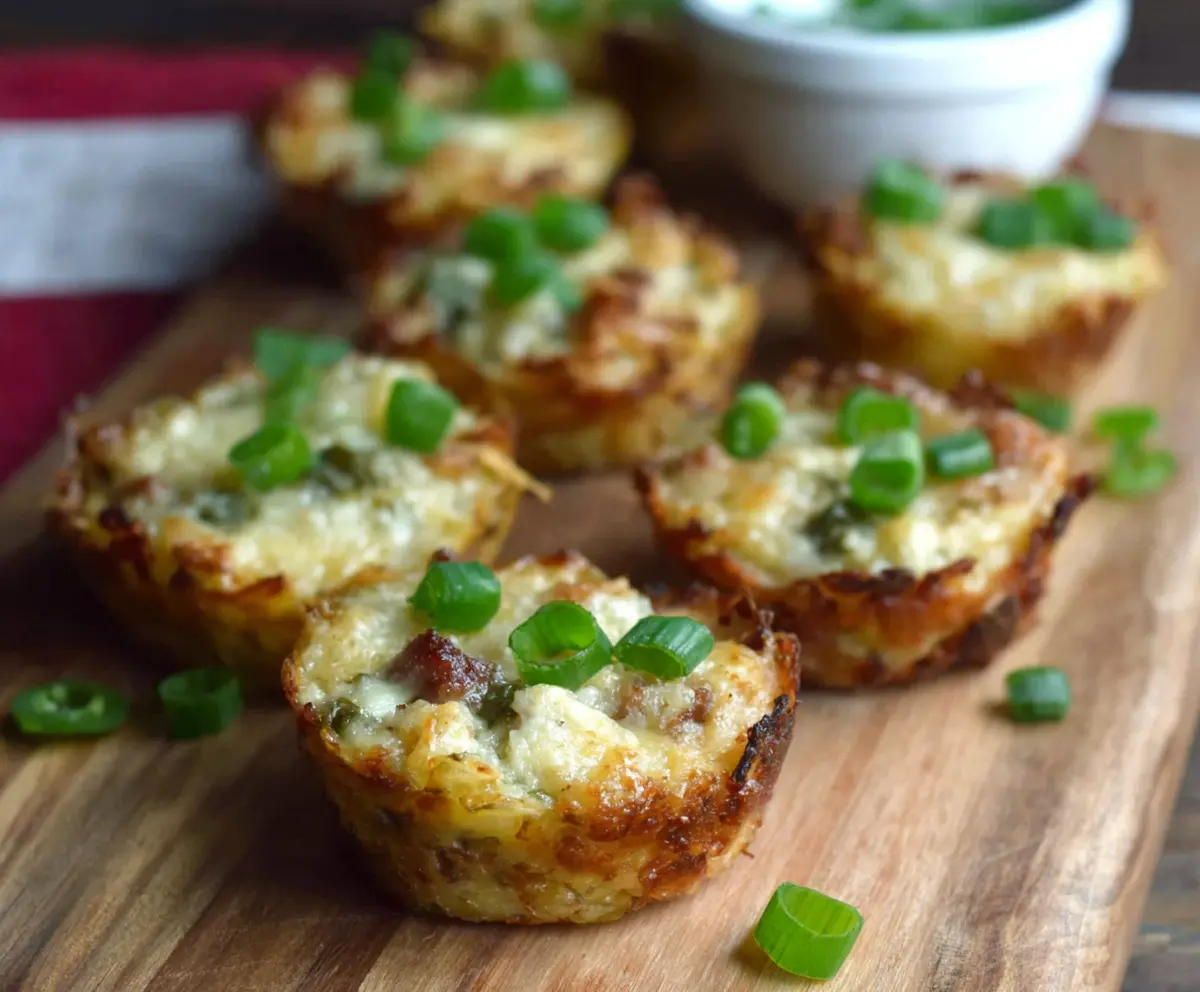 Crispy Jalapeno Popper Hash Brown Cups with melted cheese and spicy jalapenos, served as a delicious appetizer or snack