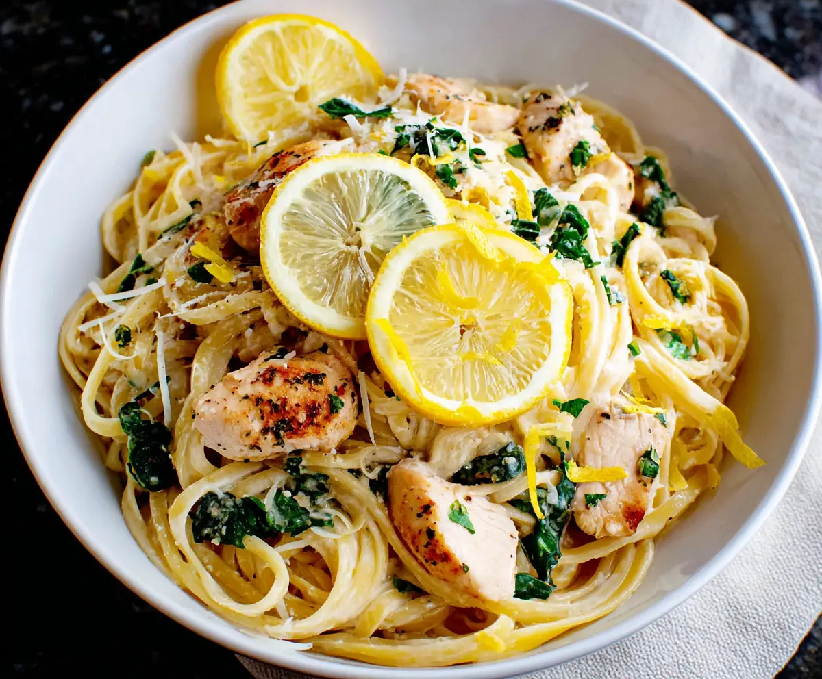 Delicious Lemon Garlic Chicken Pasta served on a plate with lemon wedges and fresh herbs.
