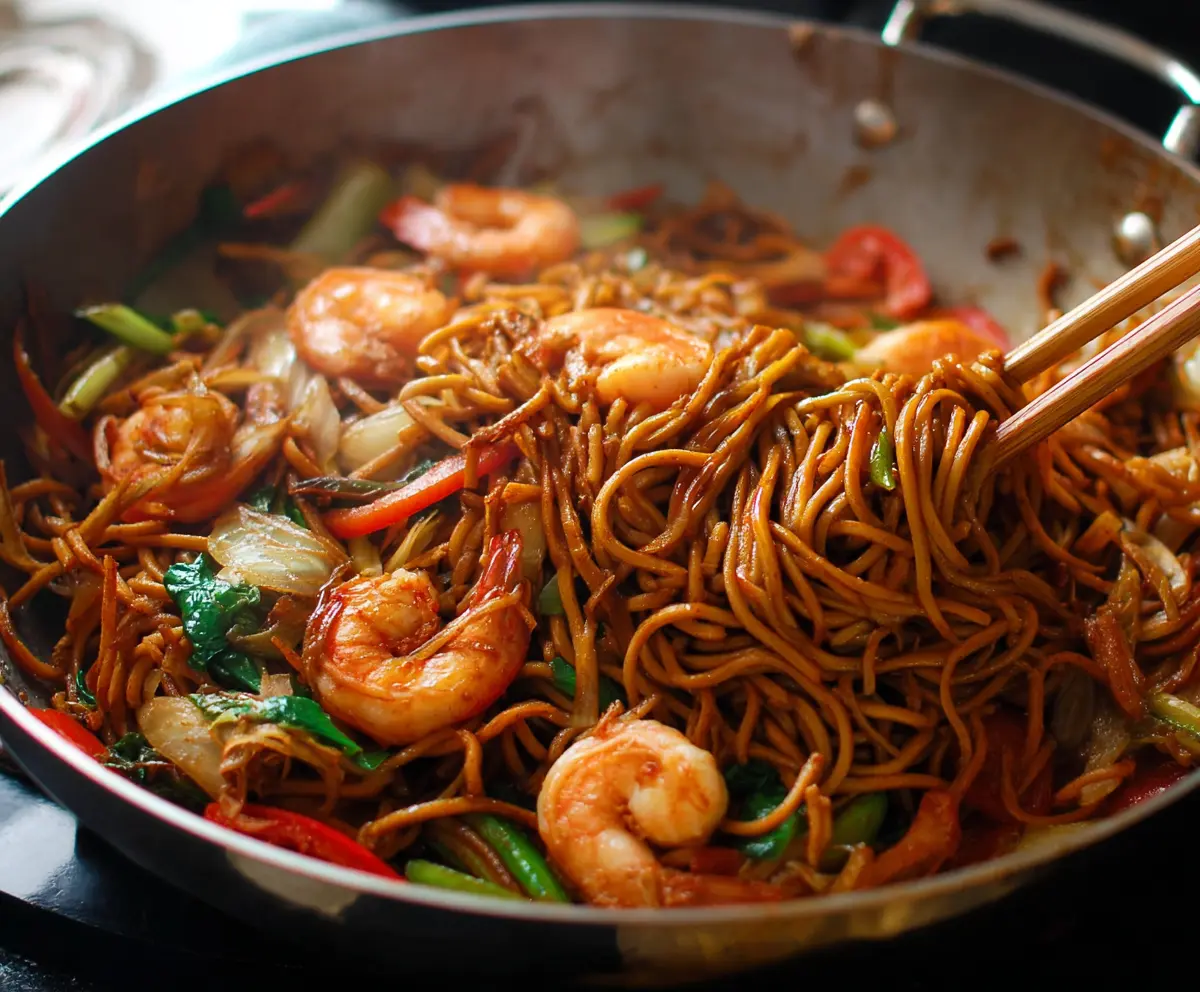Delicious shrimp lo mein noodles with vegetables in a savory Asian sauce