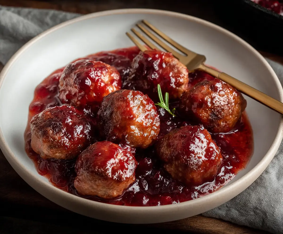 Delicious homemade meatballs served in a rich cranberry sauce, perfect for holiday appetizers.