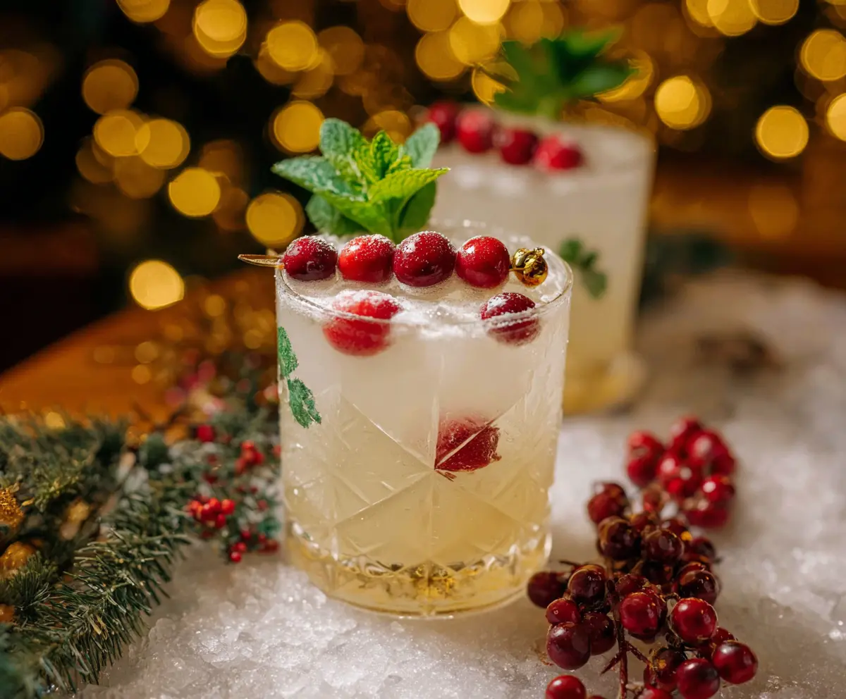 Delicious Merry Mistletoe Cocktail garnished with fresh mistletoe leaves and vibrant holiday decorations.