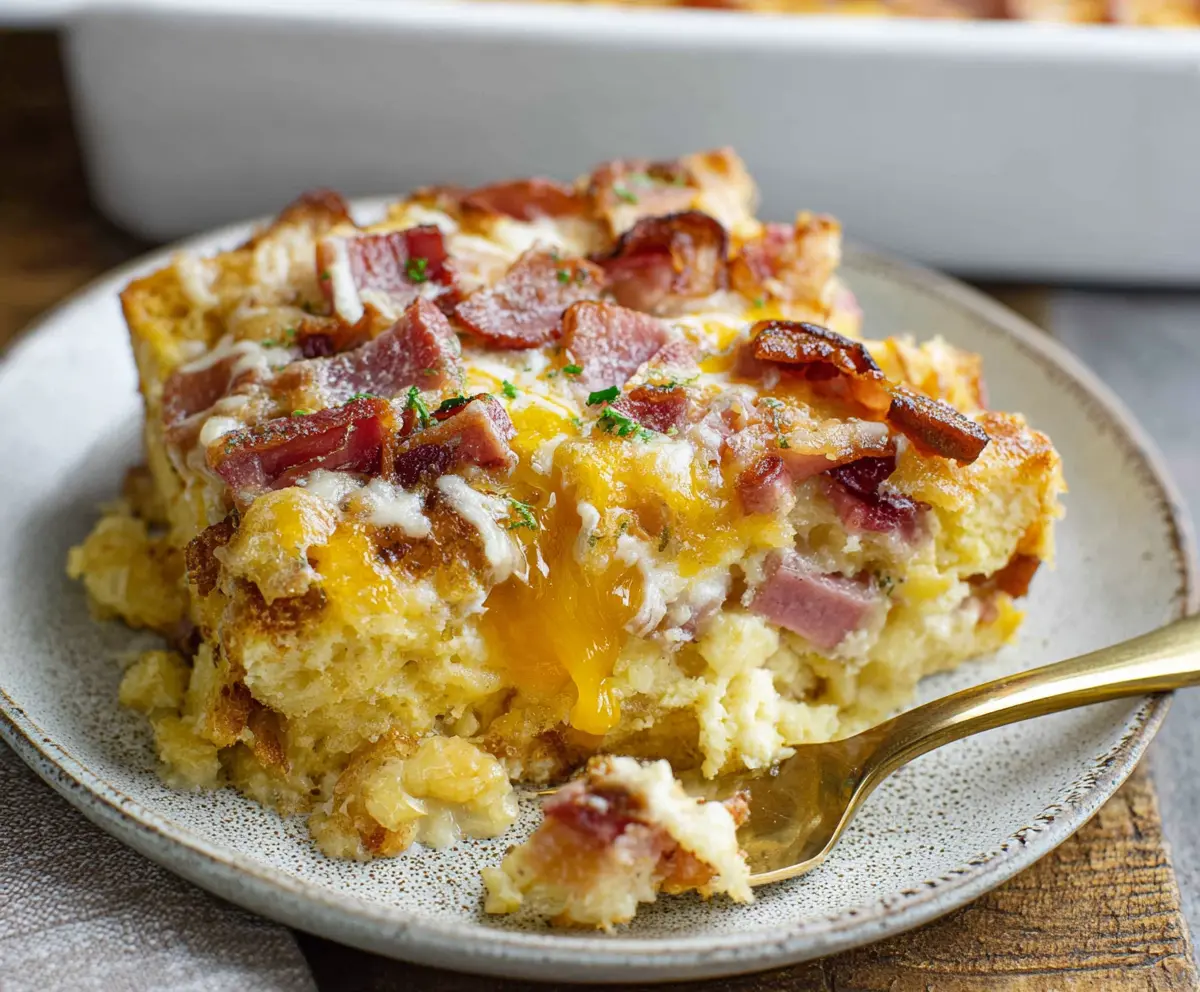 Delicious Monte Cristo Breakfast Casserole with layers of eggs, cheese, and ham topped with fresh herbs.