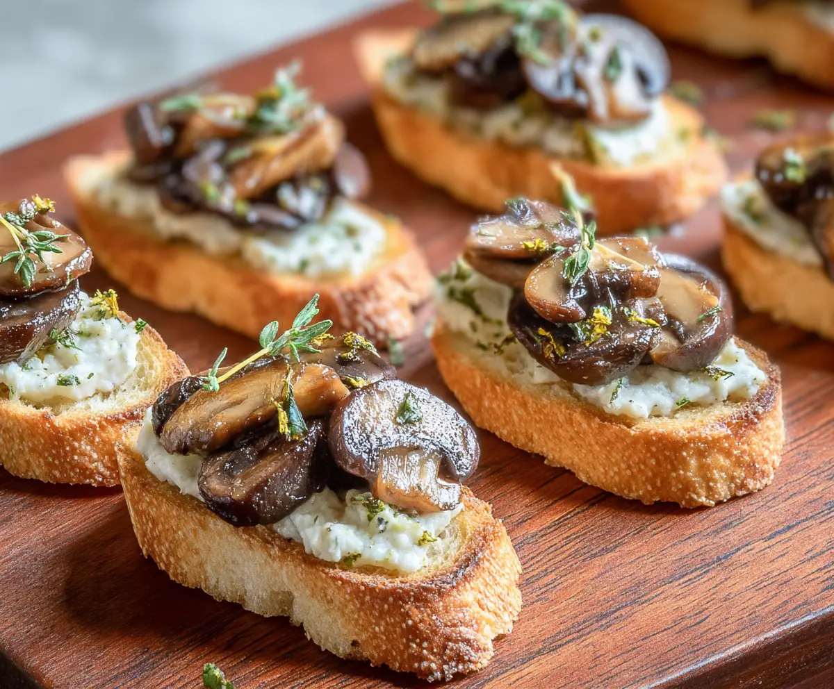 Delicious mushroom crostini garnished with herbs on a rustic wooden board