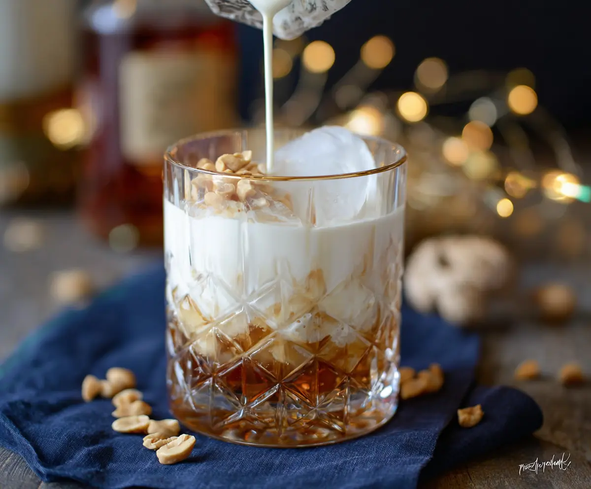 Creamy peanut butter White Russian Christmas cocktail garnished with festive decorations