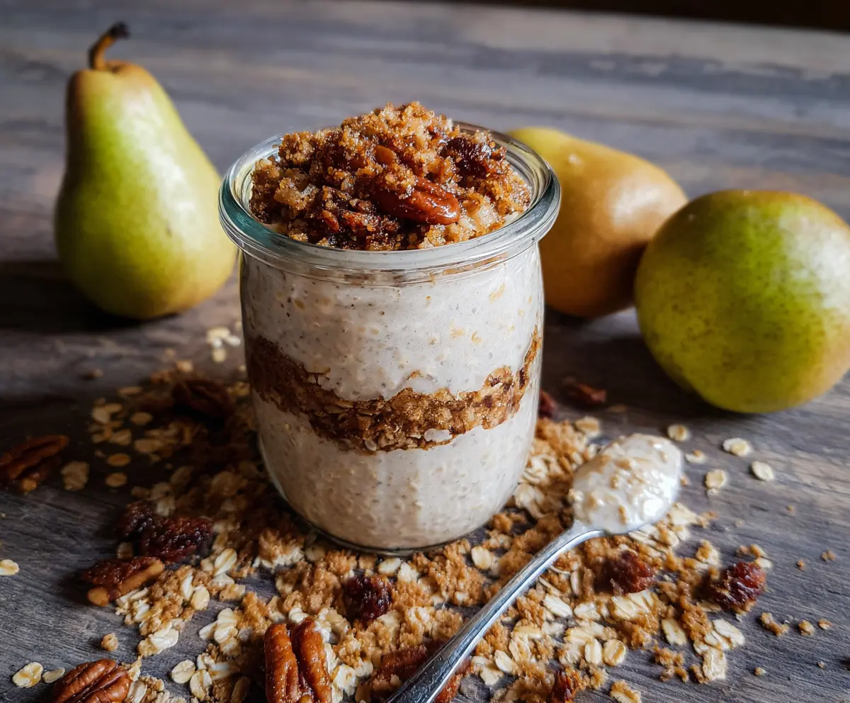 Delicious pear crumble overnight oats topped with crunchy crumble and fresh pear slices in a glass jar.