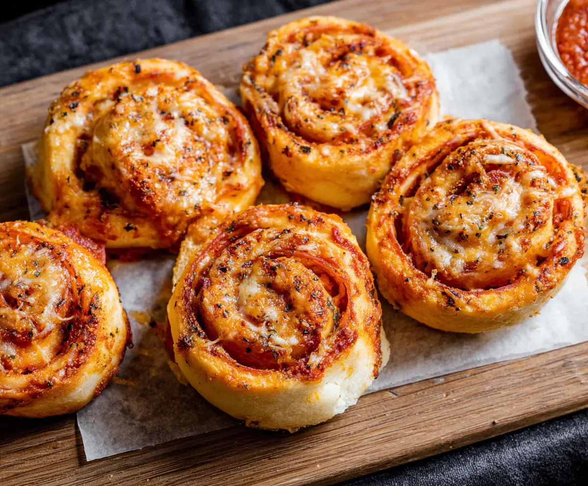 Golden pepperoni pinwheels with melted cheese and flaky pastry, perfect as a delicious appetizer.