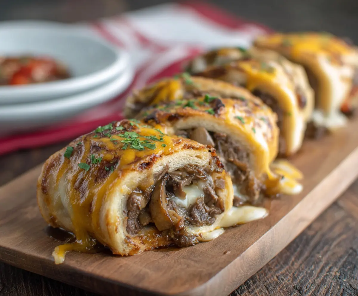 Delicious Philly Cheesesteak Roll Ups with melted cheese and savory beef wrapped in a soft roll.