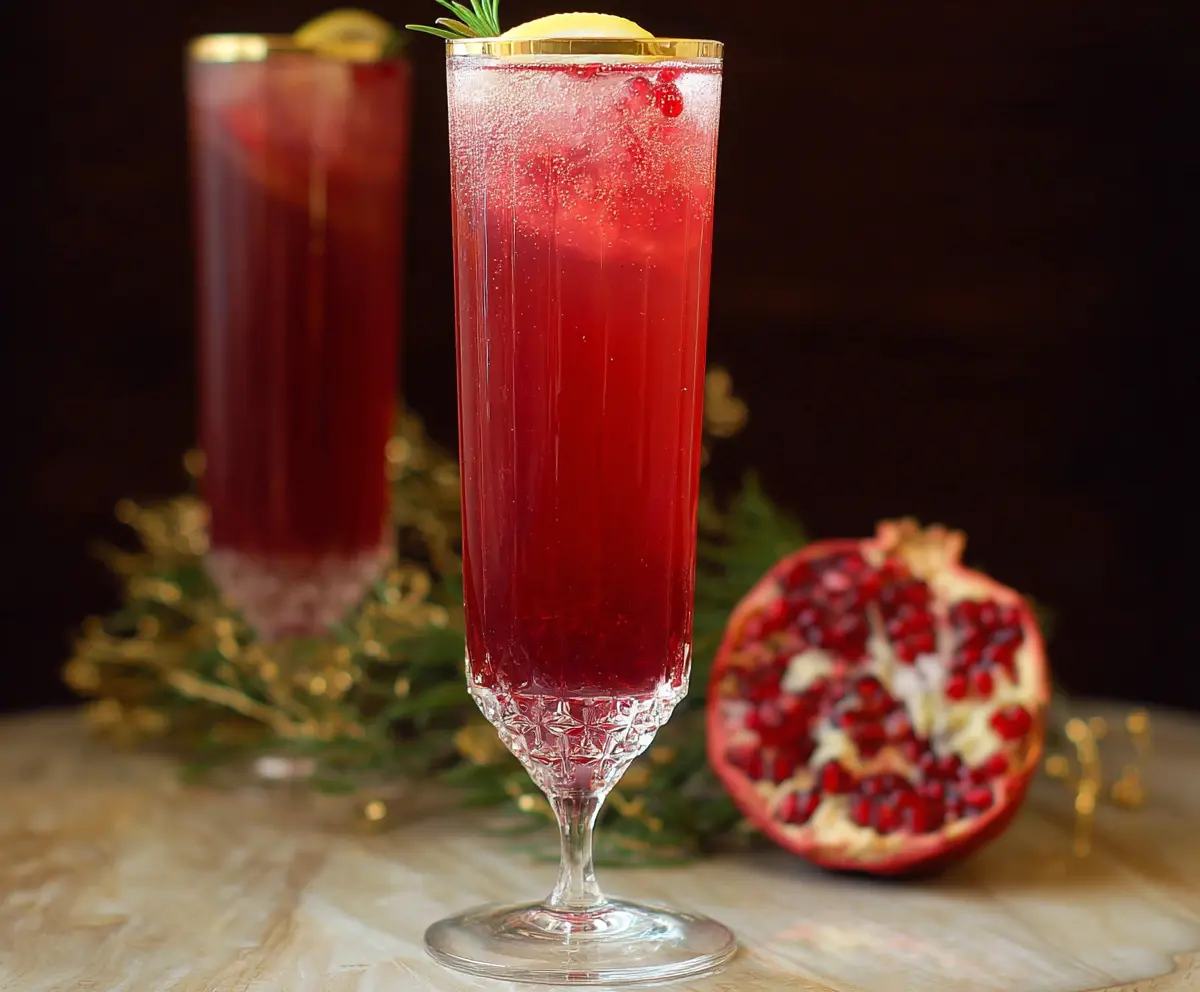 Refreshing Pomegranate Ginger Sparkler in a tall glass, garnished with fresh pomegranate seeds and a slice of ginger.