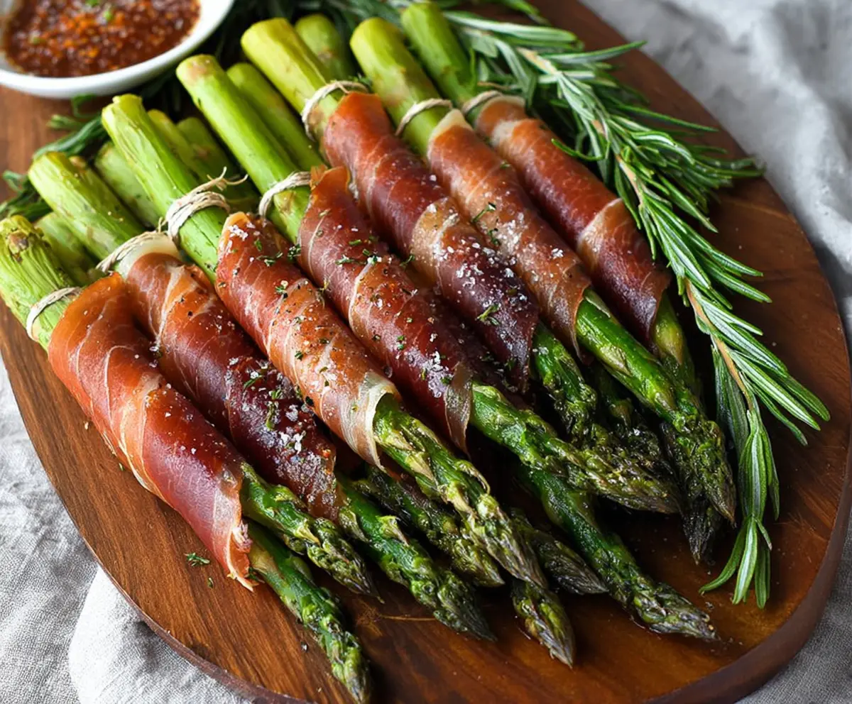 Delicious prosciutto-wrapped asparagus spears on a white plate, perfect for appetizer or snack.