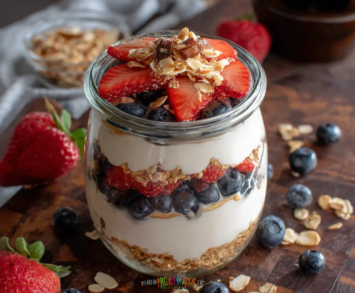 Healthy protein yogurt parfait layered with fresh berries and granola in a clear glass