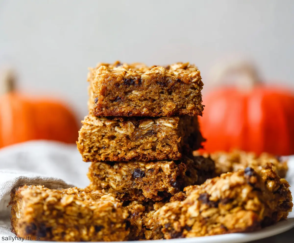 Delicious homemade Pumpkin Oatmeal Bars with a golden crust and pumpkin filling, perfect for fall treats.