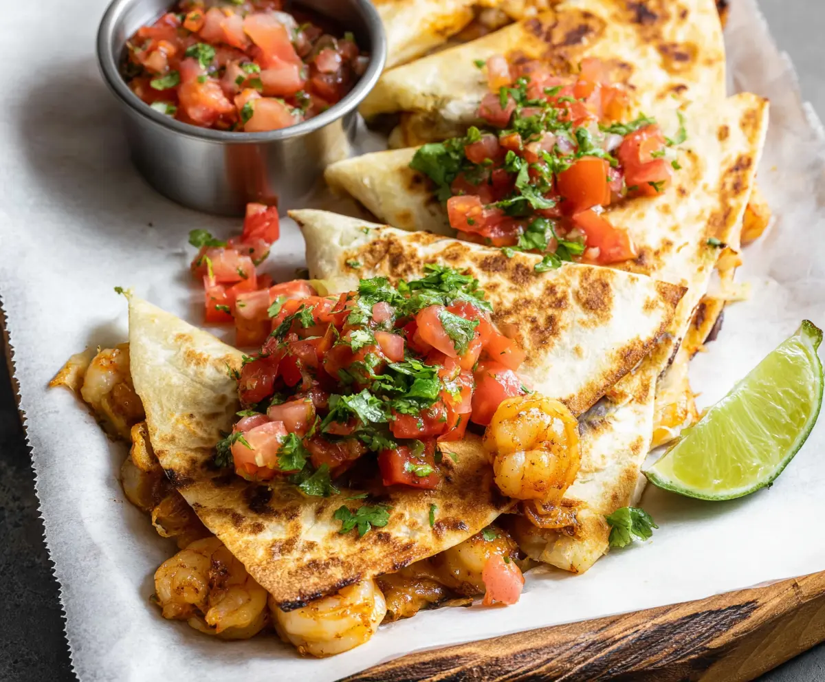 Delicious shrimp quesadilla garnished with fresh herbs, perfect for a quick meal.