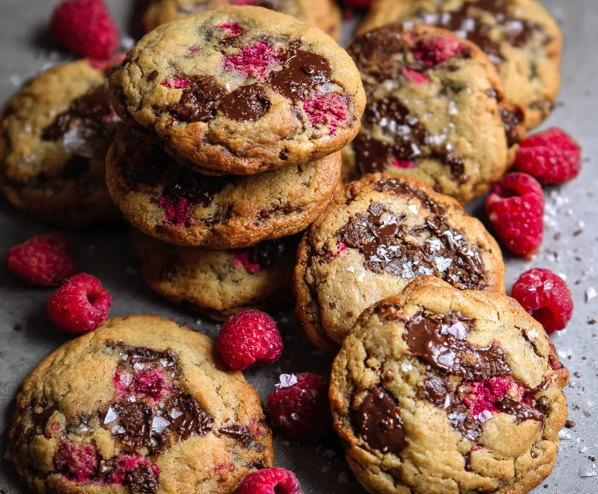 Delicious raspberry and chocolate chip cookies with fresh berries and melted chocolate