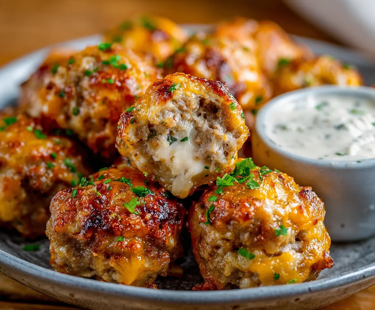 Delicious Rotel sausage balls with melted cream cheese served on a plate, perfect for parties and snacks.