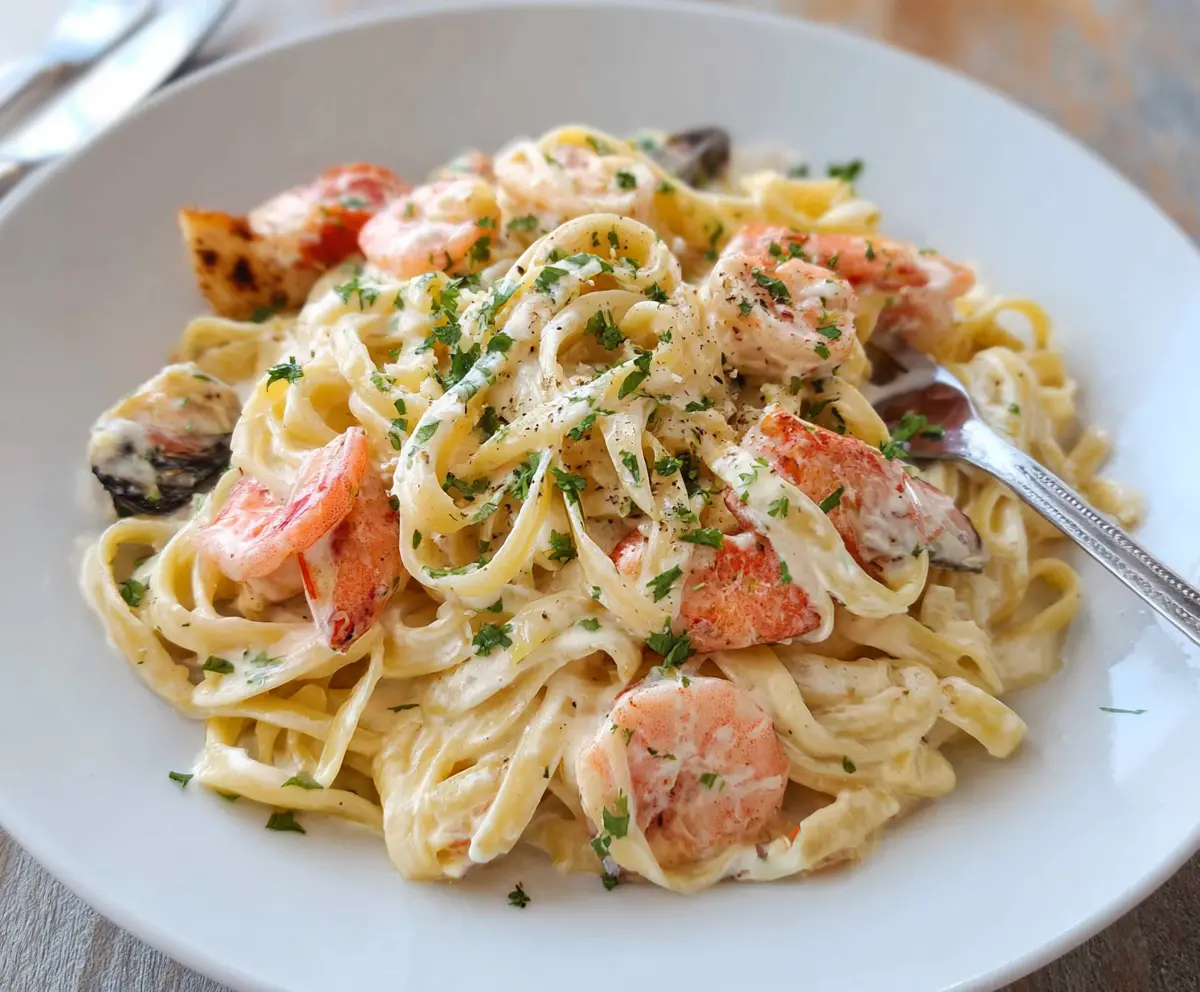Creamy seafood Alfredo pasta dish with shrimp and scallops on a white plate.