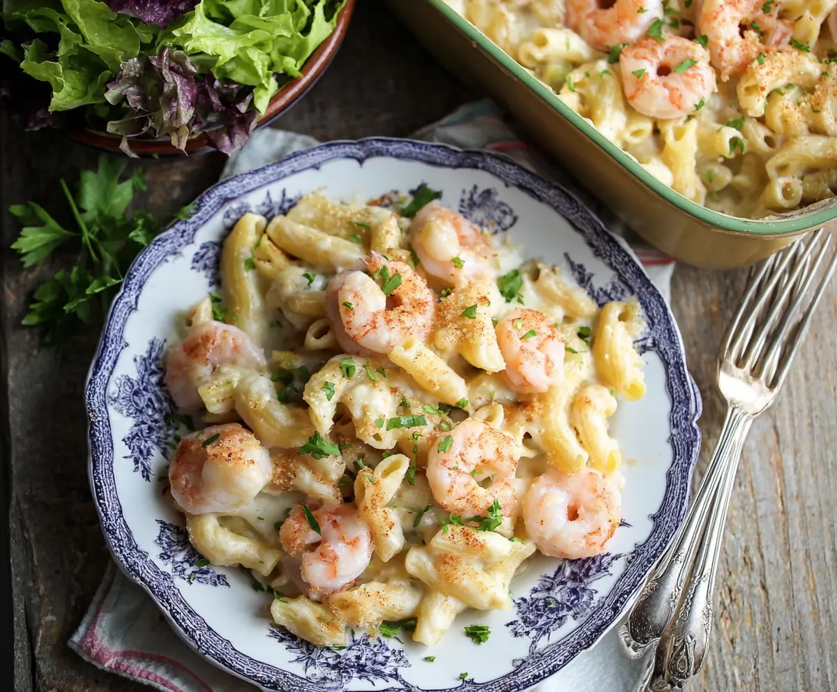 Delicious shrimp Alfredo pasta bake with creamy sauce and melted cheese, served hot.
