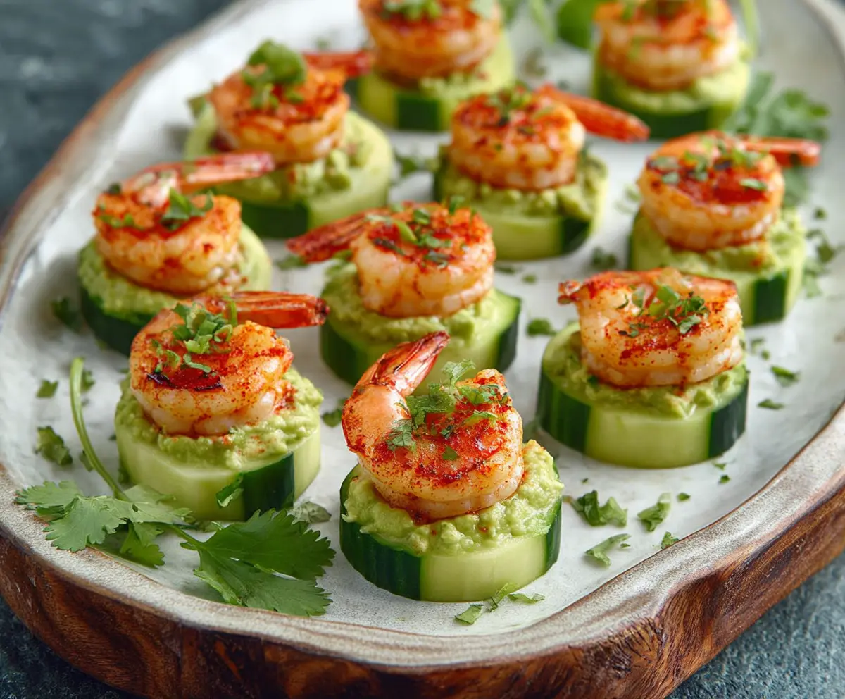Delicious shrimp and cucumber bites served as an appetizer with fresh ingredients and vibrant presentation.