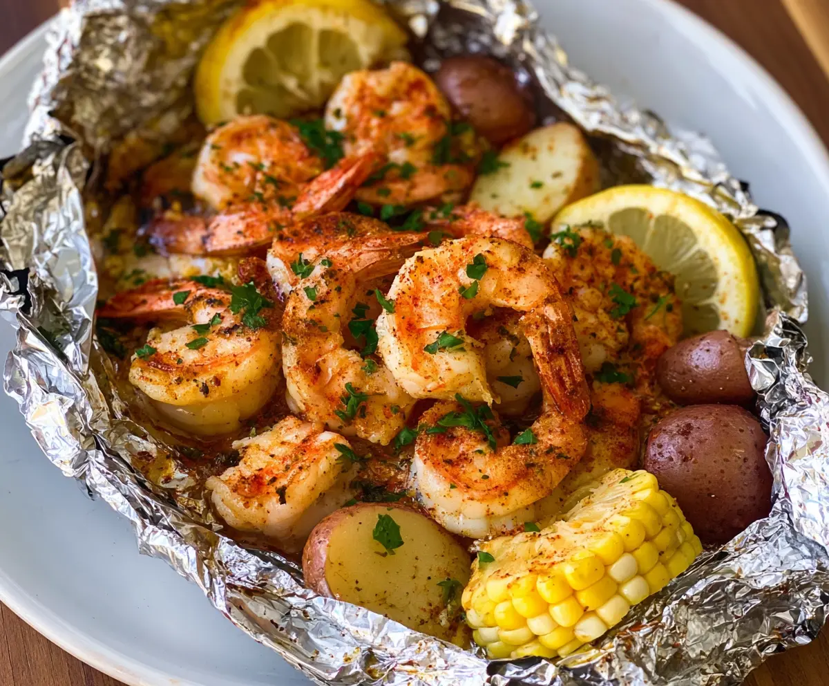Juicy shrimp in a foil packet cooking in the oven, ready for a tasty seafood meal