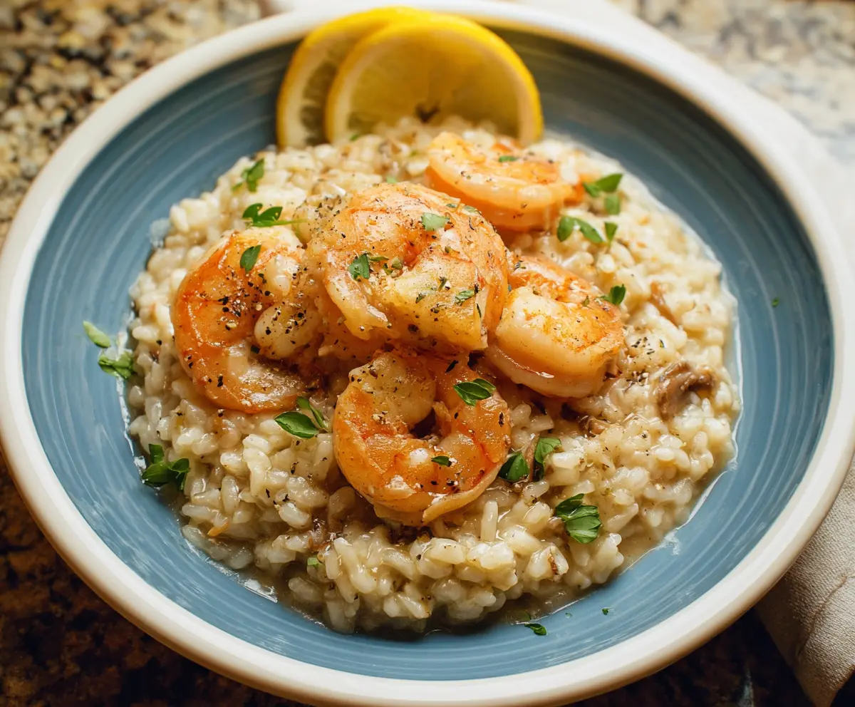 Creamy shrimp risotto in a bowl garnished with fresh herbs and lemon wedge