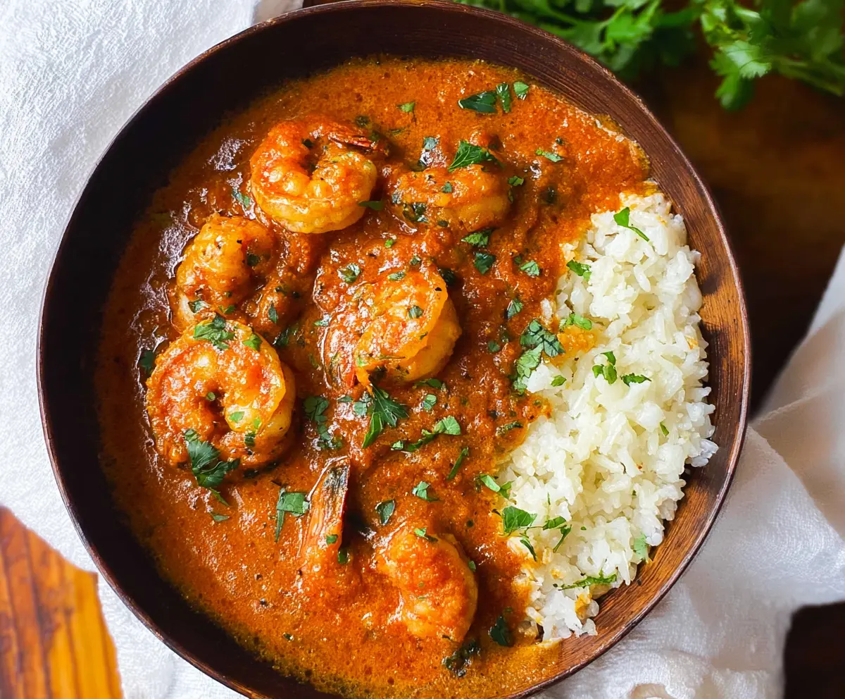 Delicious shrimp tikka masala served in a bowl with fresh herbs and spices.