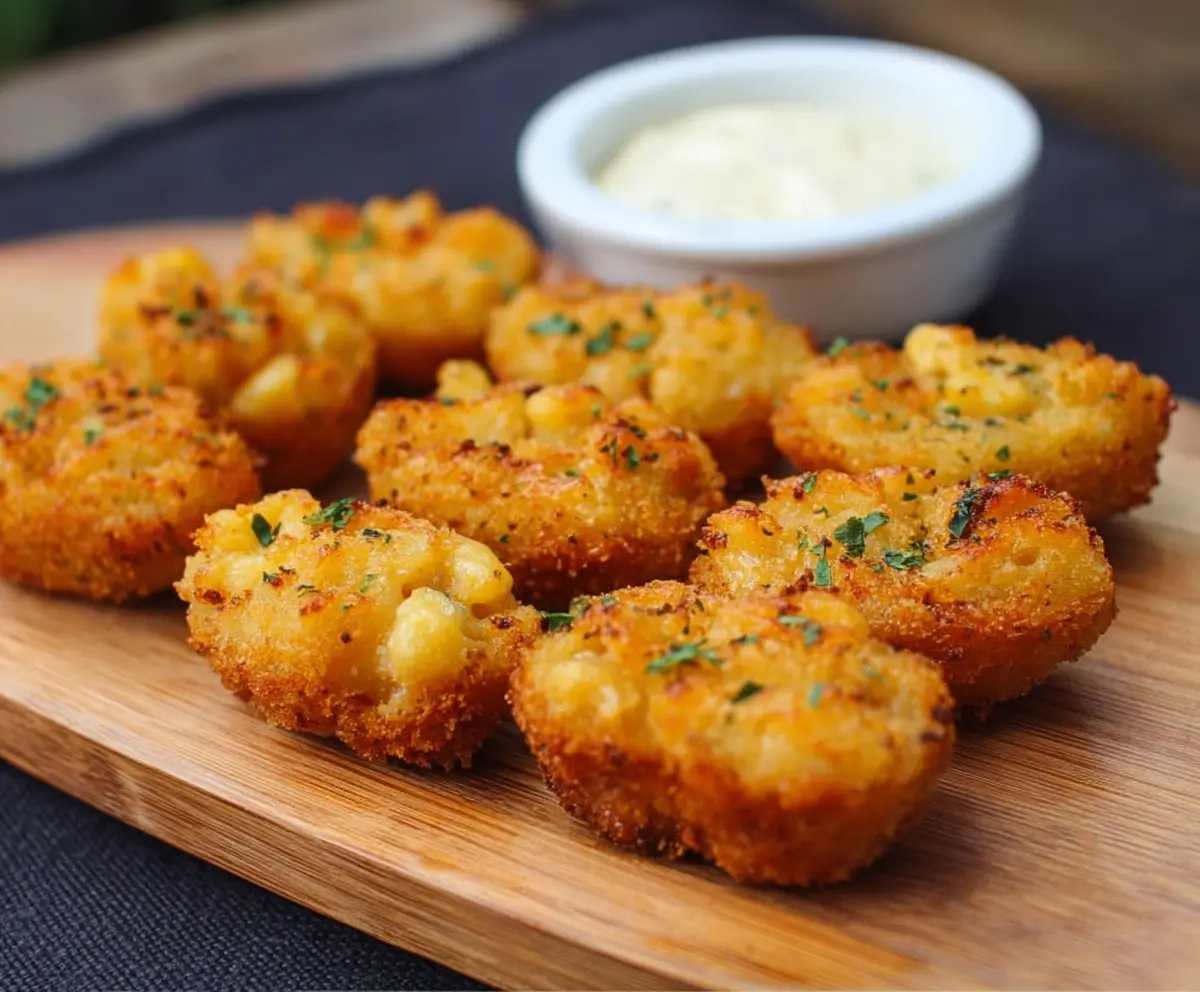 Golden baked Smoked Gouda Mac and Cheese Bites served on a white plate, crispy and cheesy.