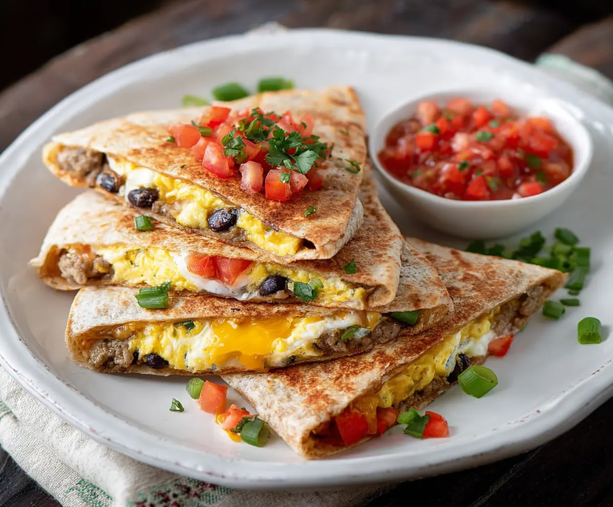 Delicious Southwest Breakfast Quesadilla filled with cheese, scrambled eggs, peppers, and seasoned chicken.