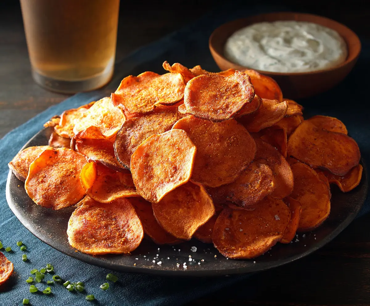 Crunchy spicy sweet potato chips served as a tasty snack or appetizer.