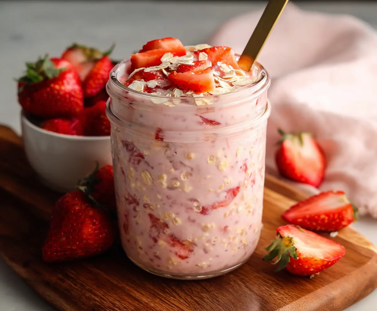 Creamy strawberry overnight oats in a jar topped with fresh strawberries and chia seeds for a healthy breakfast