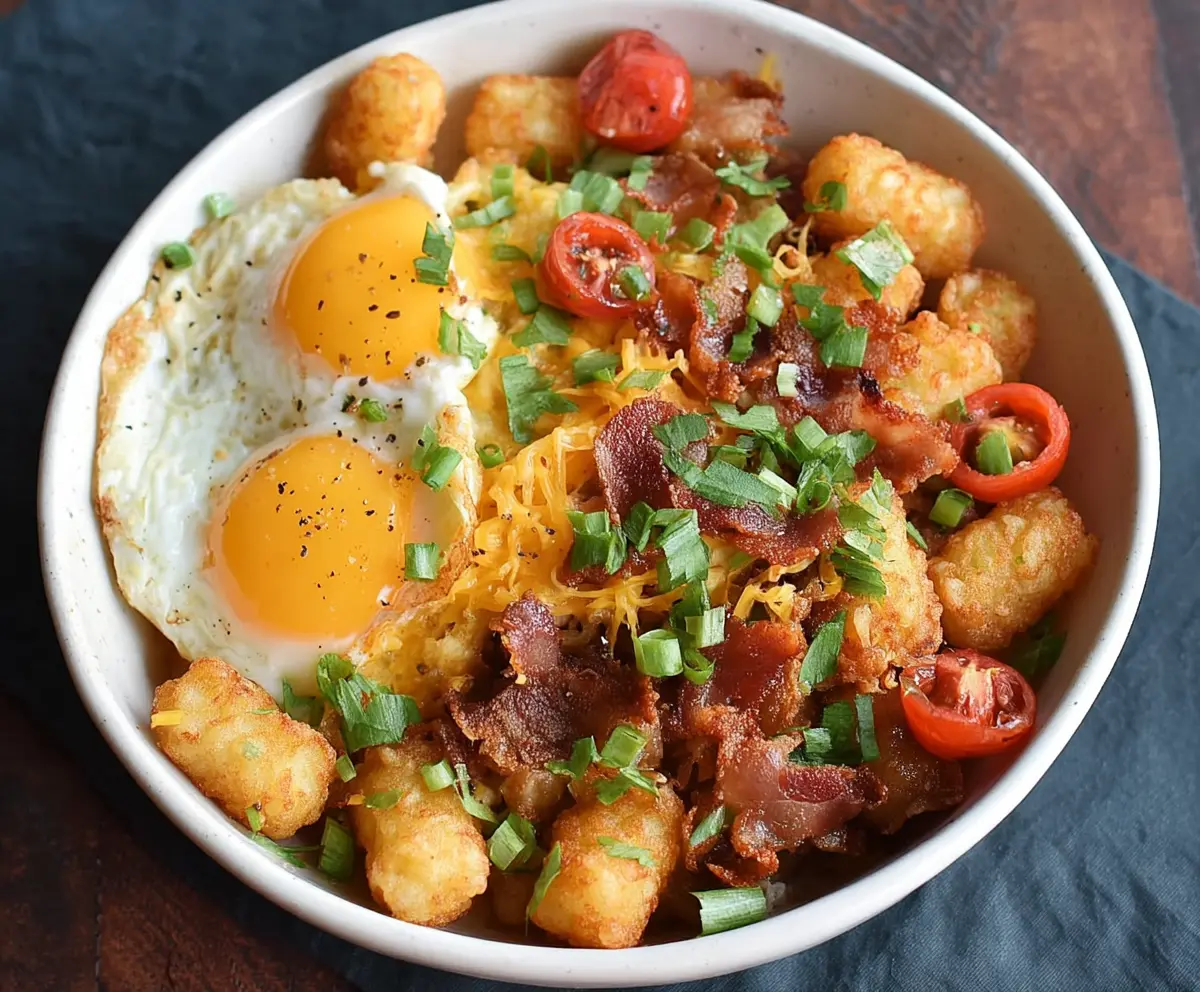 Delicious Tater Tot Breakfast Bowl with eggs, cheese, and breakfast sausage
