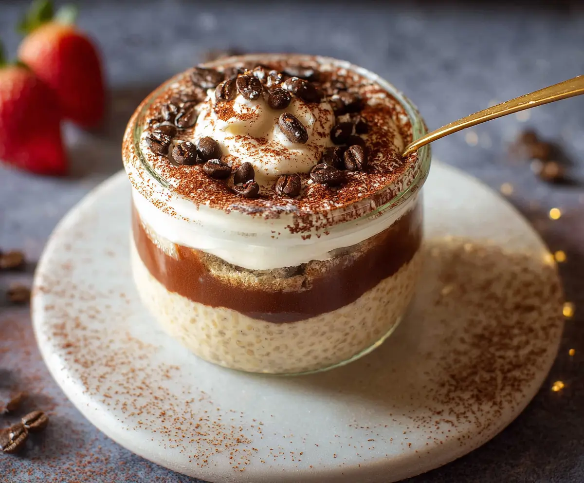 Delicious Tiramisu Overnight Oats in a glass jar with layers of coffee-soaked oats and mascarpone cheese.