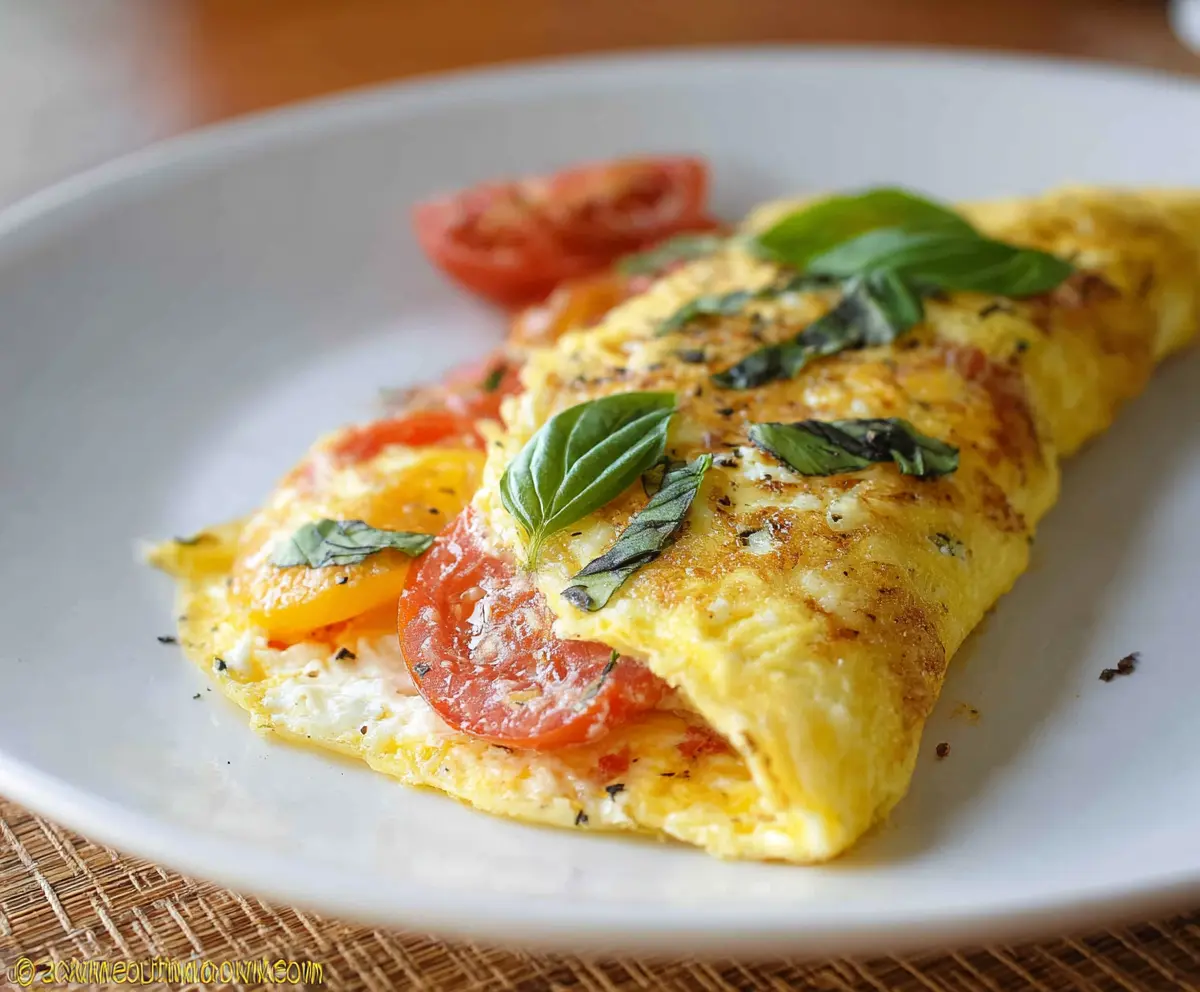 Delicious tomato basil omelet with fresh herbs and melted cheese for a healthy breakfast.