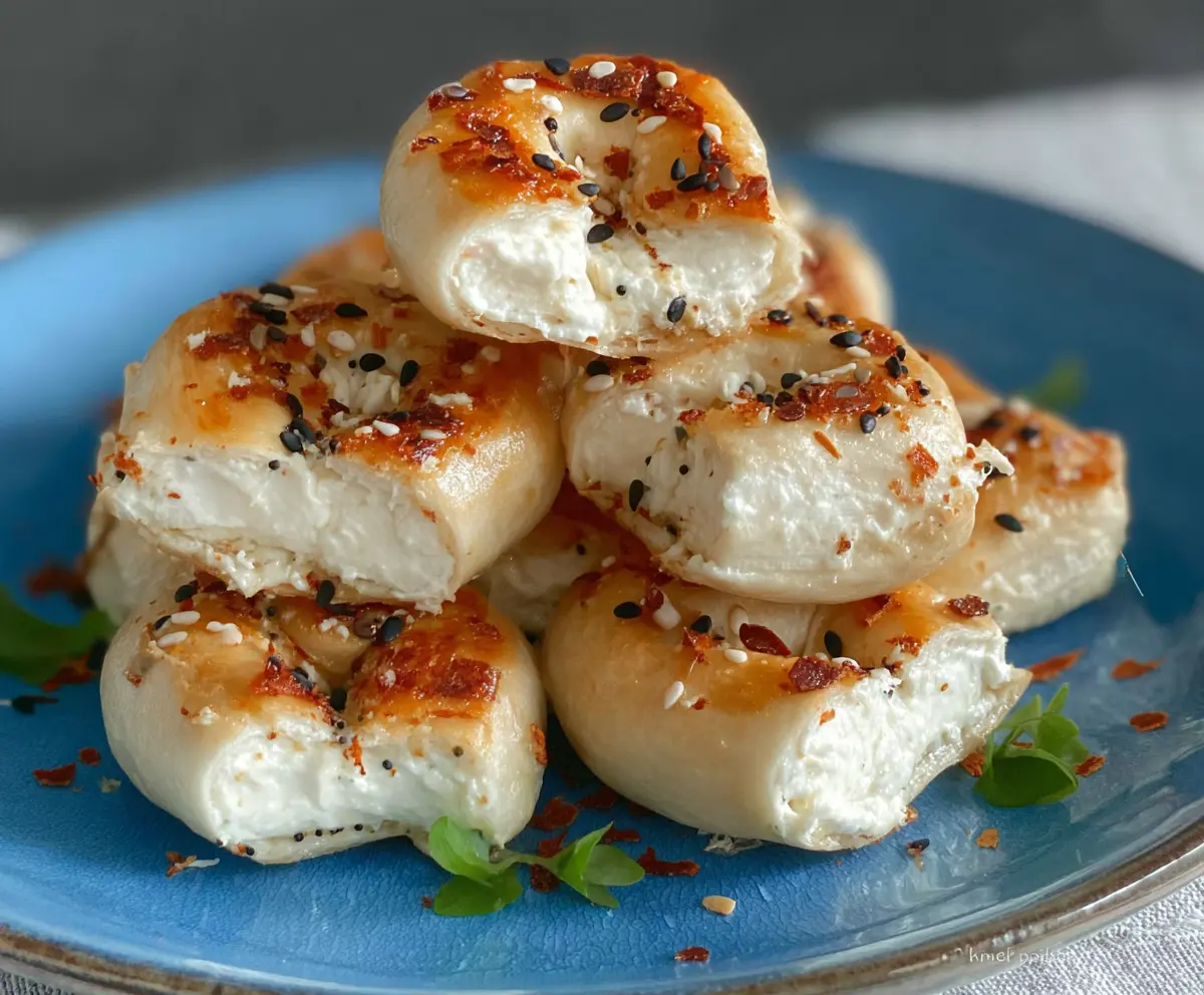 Delicious Tortilla Cream Cheese Bagel Bites appetizer on a plate, garnished with herbs.
