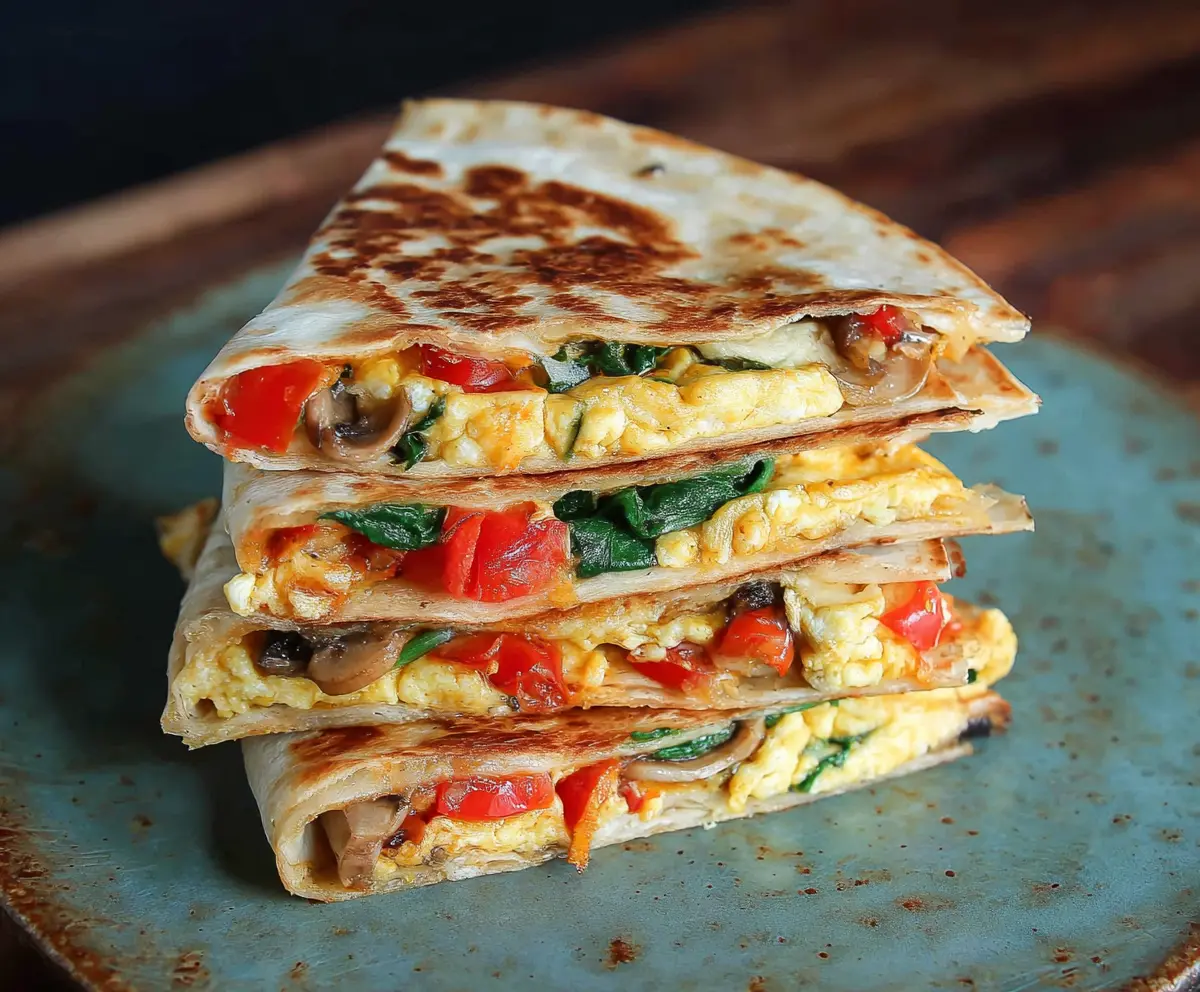 Delicious veggie breakfast quesadilla filled with colorful vegetables and melted cheese.