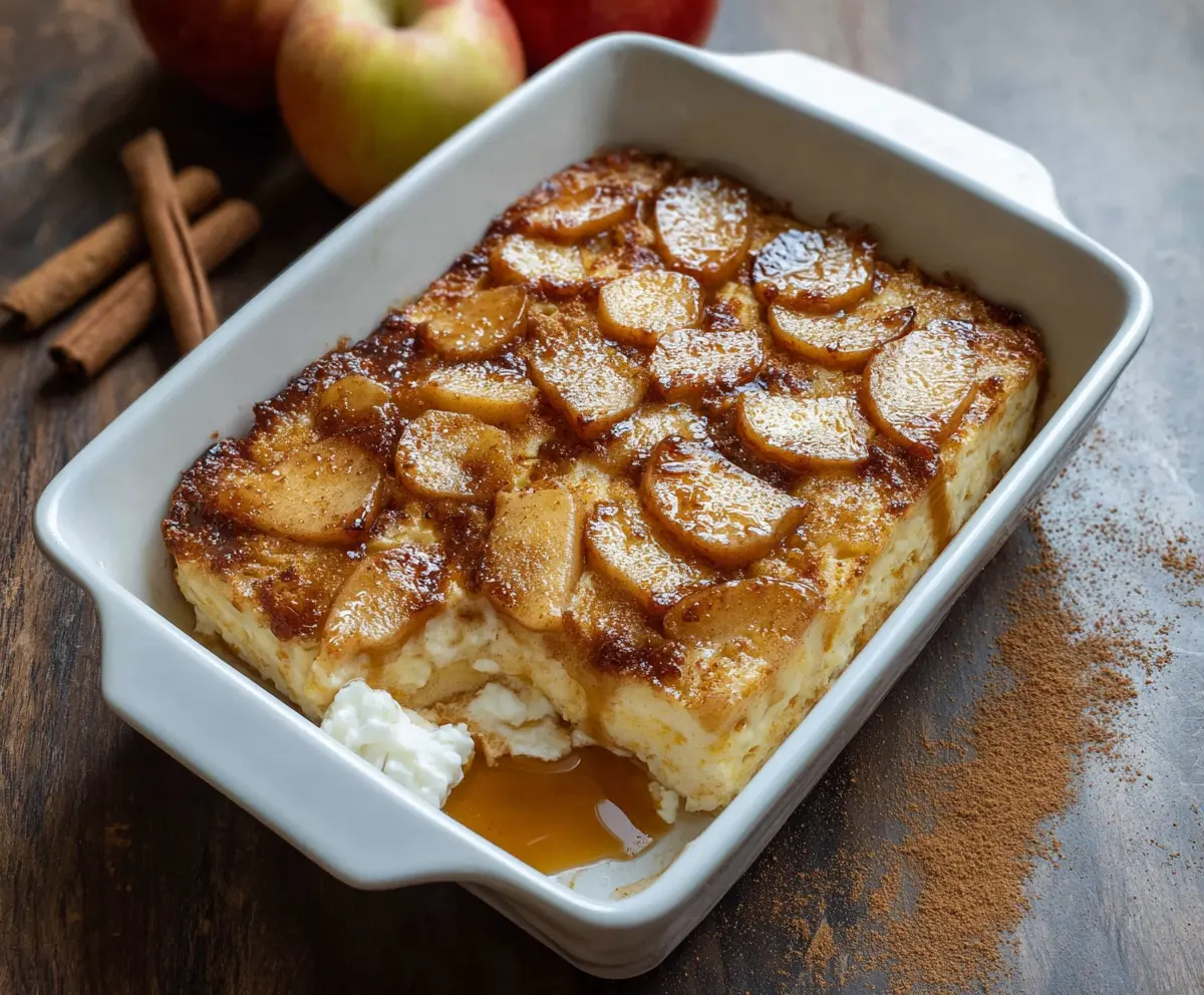 Delicious Apple Cinnamon Cottage Cheese Bake served in a baking dish with fresh apple slices.