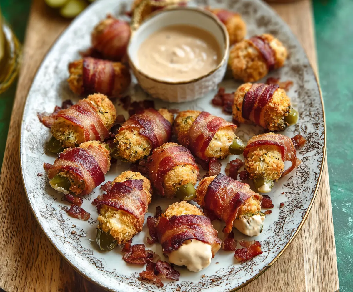 Delicious bacon-wrapped pickle poppers with melted cheese ready to serve as appetizers