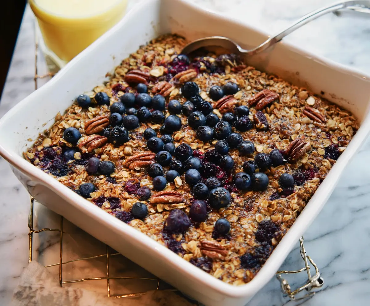 Healthy baked breakfast oatmeal with berries and nuts in a white bowl