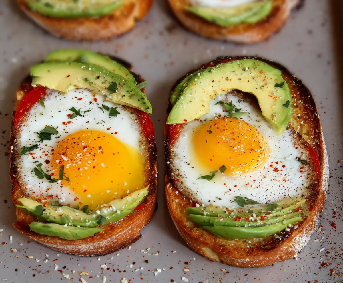 Delicious baked egg avocado toast on a white plate, garnished with herbs and served for breakfast.