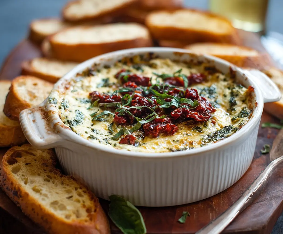 Delicious baked pesto and sun-dried tomato dip served with fresh bread.