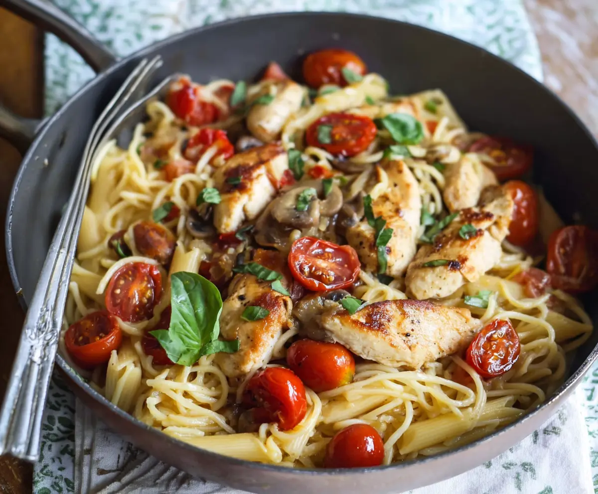 Delicious balsamic chicken pasta dish with fresh ingredients and vibrant presentation.