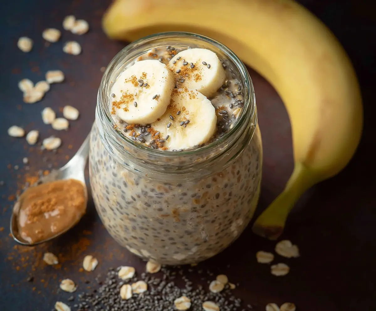 Creamy Banana Chia Overnight Oats in a glass jar with fresh banana slices and chia seeds