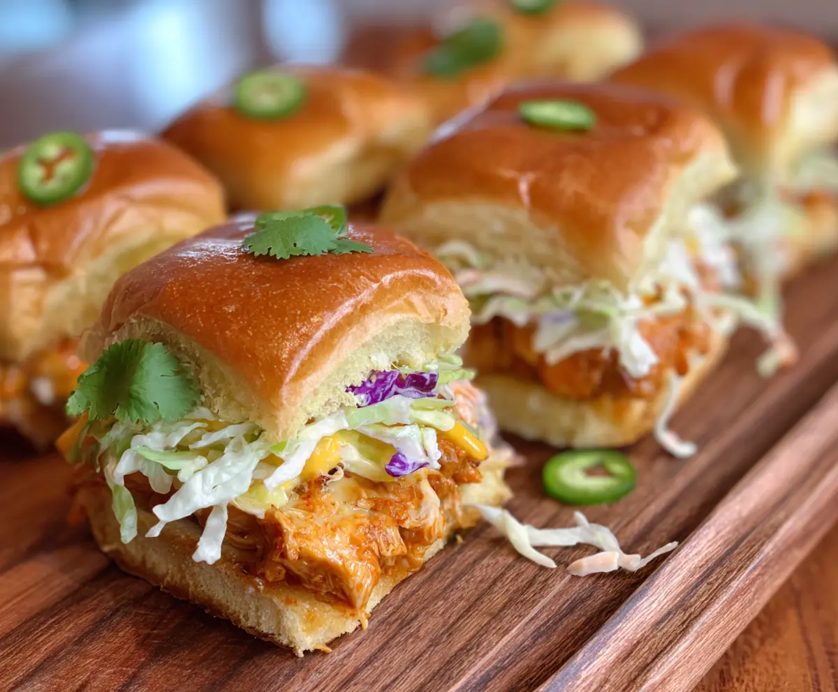 Delicious Bang Bang Chicken Sliders topped with creamy sauce and fresh greens.