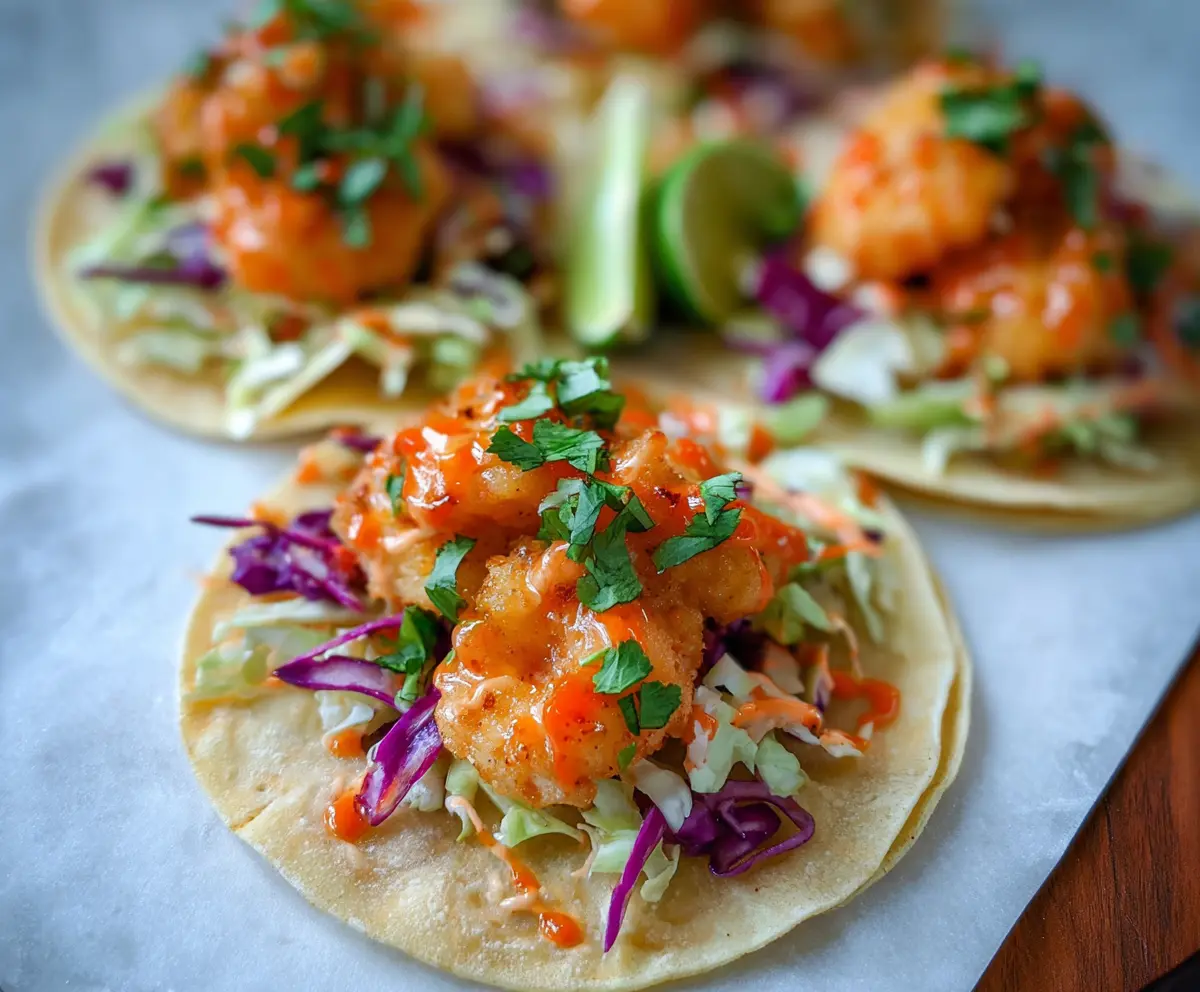 Delicious Bang Bang Shrimp Tacos topped with creamy sauce and fresh vegetables.