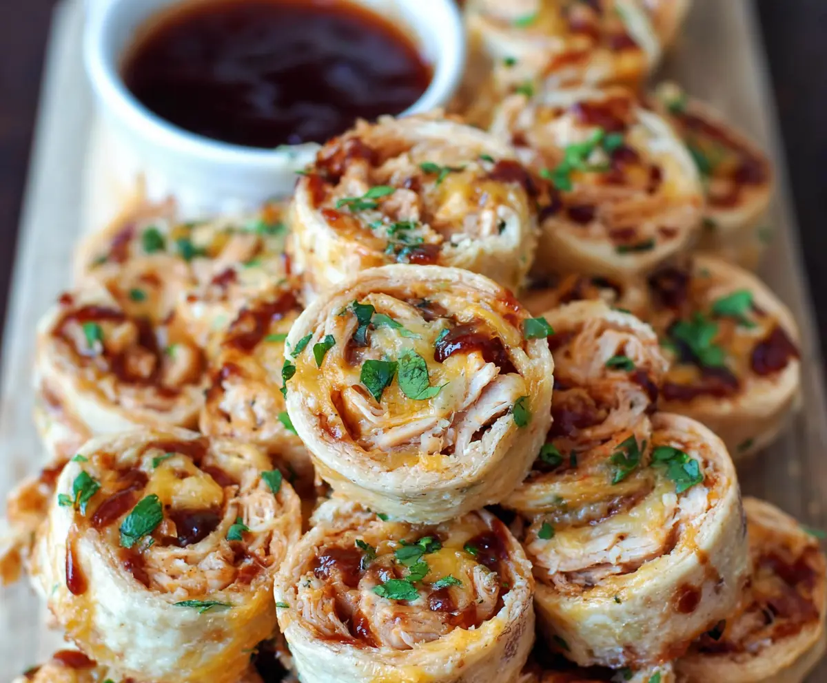 Delicious BBQ Chicken Cheddar Pinwheels sliced open to reveal gooey cheese and flavorful shredded chicken.