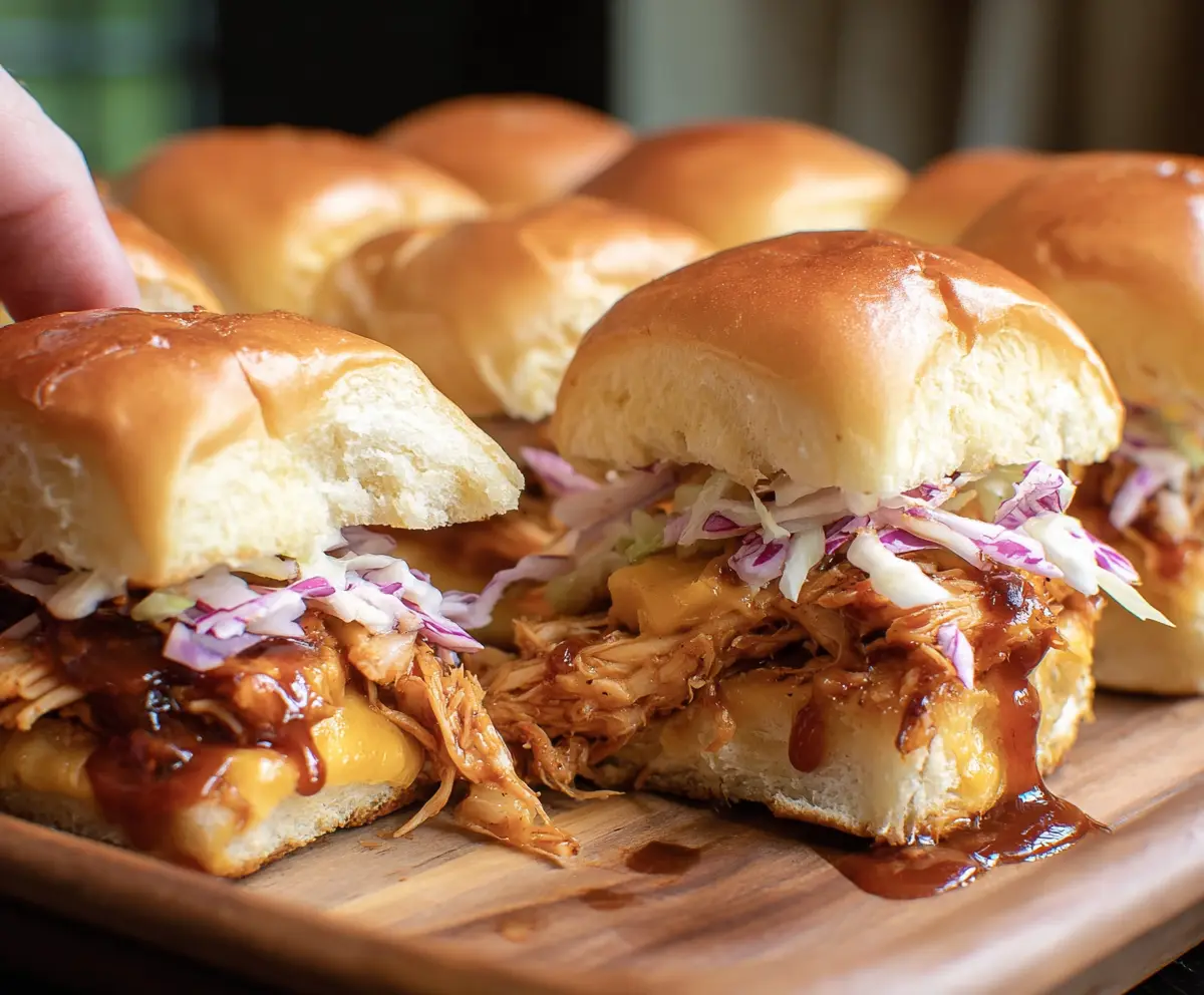 Delicious BBQ chicken sliders with melted cheese and fresh toppings on a wooden serving platter.