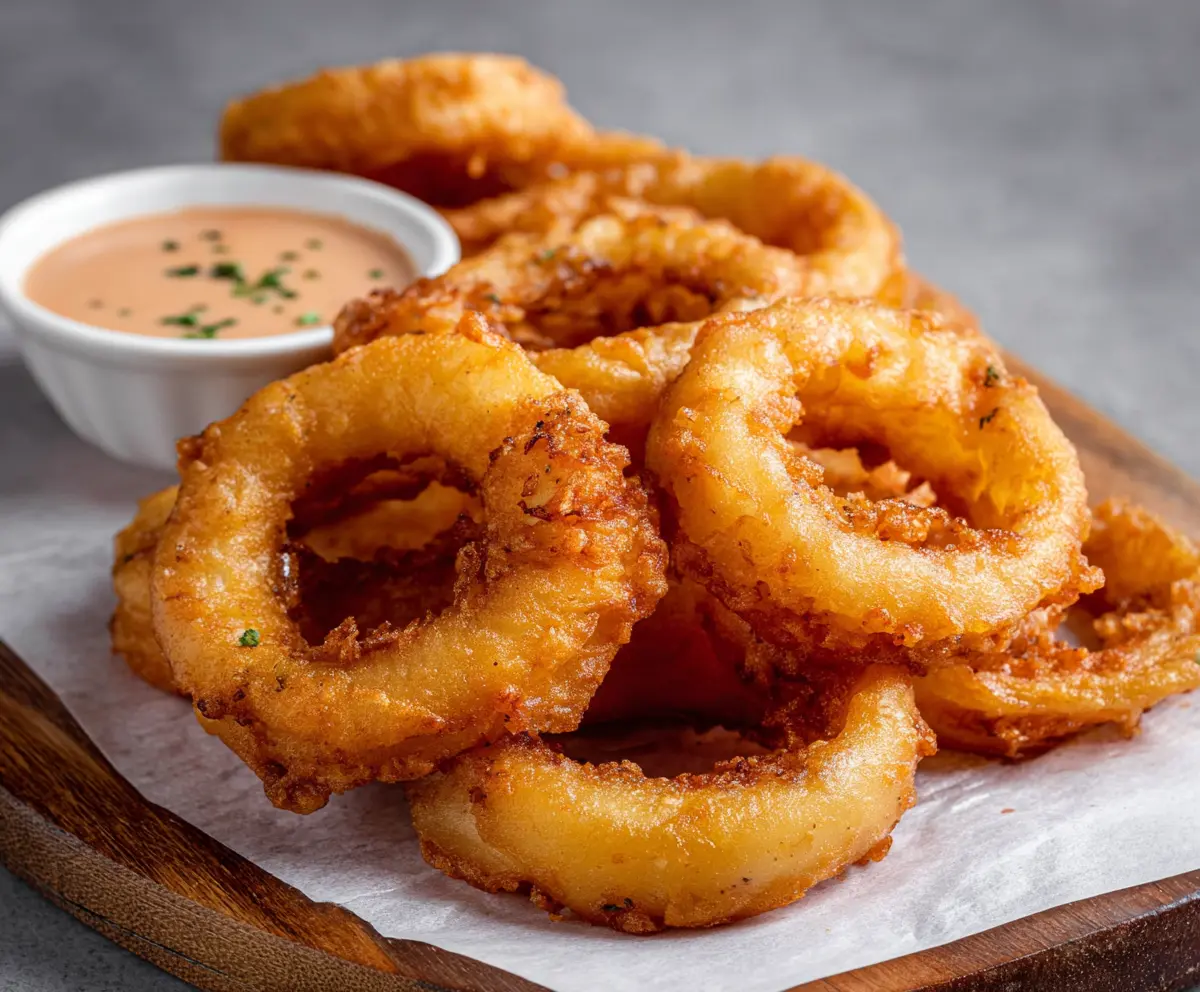 Crispy beer battered onion rings served with dipping sauce on a rustic plate
